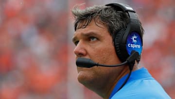 AUBURN, AL - OCTOBER 07: Head coach Matt Luke of the Mississippi Rebels looks on during the game against the Auburn Tigers at Jordan Hare Stadium on October 7, 2017 in Auburn, Alabama. (Photo by Kevin C. Cox/Getty Images)
