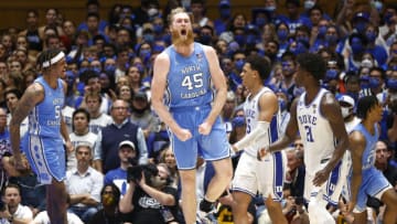 DURHAM, NORTH CAROLINA - MARCH 05: Brady Manek #45 of the North Carolina Tar Heels reacts during the second half of the game against the Duke Blue Devils at Cameron Indoor Stadium on March 05, 2022 in Durham, North Carolina. (Photo by Jared C. Tilton/Getty Images)