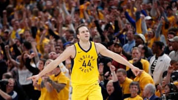 INDIANAPOLIS, IN - APRIL 20: Bojan Bogdanovic #44 of the Indiana Pacers reacts after making a three-point shot in the second half of game three of the NBA Playoffs against the Cleveland Cavaliers at Bankers Life Fieldhouse on April 20, 2018 in Indianapolis, Indiana. The Pacers won 92-90. NOTE TO USER: User expressly acknowledges and agrees that, by downloading and or using the photograph, User is consenting to the terms and conditions of the Getty Images License Agreement. (Photo by Joe Robbins/Getty Images)
