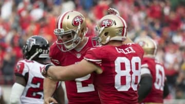 November 8, 2015; Santa Clara, CA, USA; San Francisco 49ers quarterback Blaine Gabbert (2) celebrates with tight end Garrett Celek (88) after a touchdown against the Atlanta Falcons during the second quarter at Levi