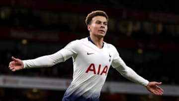 LONDON, ENGLAND - DECEMBER 19: Dele Alli of Tottenham Hotspur celebrates after scoring his team's second goal during the Carabao Cup Quarter Final match between Arsenal and Tottenham Hotspur at Emirates Stadium on December 19, 2018 in London, United Kingdom. (Photo by Alex Morton/Getty Images)