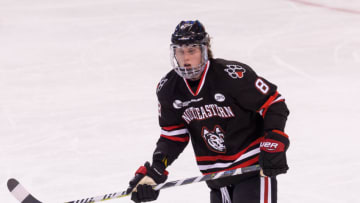 BOSTON, MA - FEBRUARY 5: Adam Gaudette #8 of the Northeastern Huskies skates against the Boston College Eagles during NCAA hockey in the semifinals of the annual Beanpot Hockey Tournament at TD Garden on February 5, 2018 in Boston, Massachusetts. The Huskies won 3-0 and advance to the Beanpot championship game February 12. (Photo by Richard T Gagnon/Getty Images)