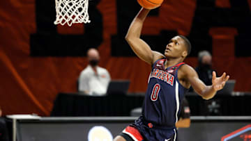 Jan 14, 2021; Corvallis, Oregon, USA; Arizona Wildcats guard Bennedict Mathurin (0) goes up for a dunk during the first half against the Oregon State Beavers at Gill Coliseum. Mandatory Credit: Soobum Im-USA TODAY Sports