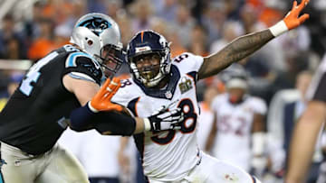 Feb 7, 2016; Santa Clara, CA, USA; Denver Broncos outside linebacker Von Miller (58) rushes the passer against Carolina Panthers tackle Mike Remmers (74) in Super Bowl 50 at Levi