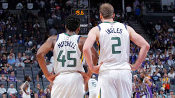 SACRAMENTO, CA - OCTOBER 17: Donovan Mitchell #45 and Joe Ingles #2 of the Utah Jazz look on during the game against the Sacramento Kings on October 17, 2018 at Golden 1 Center in Sacramento, California. NOTE TO USER: User expressly acknowledges and agrees that, by downloading and or using this photograph, User is consenting to the terms and conditions of the Getty Images Agreement. Mandatory Copyright Notice: Copyright 2018 NBAE (Photo by Rocky Widner/NBAE via Getty Images)
