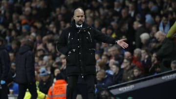 March 1st 2017, The Etihad, Manchester, Lancashire, England; FA Cup 5th Round replay, Manchester City versus Huddersfield; Manchester City manager Pep Guardiola gestures from the technical area (Photo by Alan Martin/Action Plus via Getty Images)
