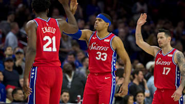 Joel Embiid, Tobias Harris, J.J. Redick | Philadelphia 76ers (Photo by Mitchell Leff/Getty Images)
