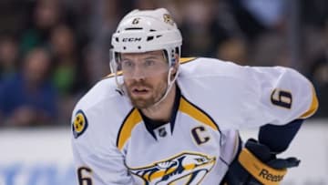 Apr 8, 2014; Dallas, TX, USA; Nashville Predators defenseman Shea Weber (6) skates against the Dallas Stars during the game at the American Airlines Center. The Stars defeated the Predators 3-2 in the overtime shootout. Mandatory Credit: Jerome Miron-USA TODAY Sports