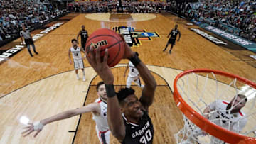 South Carolina basketball forward Chris Silva with the big dunk against Gonzaga in the Final Four. Mandatory Credit: Chris Steppig/NCAA Photos/Pool Photo via USA TODAY Sports