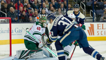 COLUMBUS, OH - NOVEMBER 29: Columbus Blue Jackets left wing Markus Hannikainen (37) shoots and scores a goal on Minnesota Wild goaltender Devan Dubnyk (40) in a game between the Columbus Blue Jackets and the Minnesota Wild on November 29, 2018 at Nationwide Arena in Columbus, OH. (Photo by Adam Lacy/Icon Sportswire via Getty Images)
