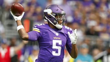 Aug 28, 2016; Minneapolis, MN, USA; Minnesota Vikings quarterback Teddy Bridgewater (5) throws the ball against the San Diego Chargers in the first quarter at U.S. Bank Stadium. Mandatory Credit: Bruce Kluckhohn-USA TODAY Sports