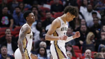 Nickeil Alexander-Walker #0 and Jaxson Hayes #10 of the New Orleans Pelicans (Photo by Michael Reaves/Getty Images)