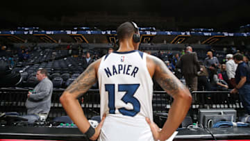MINNEAPOLIS, MN - JANUARY 2: Shabazz Napier #13 of the Minnesota Timberwolves speaks with the media after the game against the Golden State Warriors on January 2, 2020 at Target Center in Minneapolis, Minnesota. NOTE TO USER: User expressly acknowledges and agrees that, by downloading and or using this Photograph, user is consenting to the terms and conditions of the Getty Images License Agreement. Mandatory Copyright Notice: Copyright 2020 NBAE (Photo by David Sherman/NBAE via Getty Images)