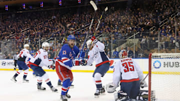 NEW YORK, NEW YORK - MARCH 14: Alexis Lafreniere #13 of the New York Rangers skates against the Washington Capitals at Madison Square Garden on March 14, 2023 in New York City. The Rangers defeated the Capitals 5-3. (Photo by Bruce Bennett/Getty Images)