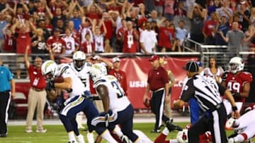 Aug. 24, 2013; Glendale, AZ, USA: San Diego Chargers tight end John Phillips (83) recovers a fumble for a touchdown in the second quarter against the Arizona Cardinals during a preseason game at University of Phoenix Stadium. Mandatory Credit: Mark J. Rebilas-USA TODAY Sports