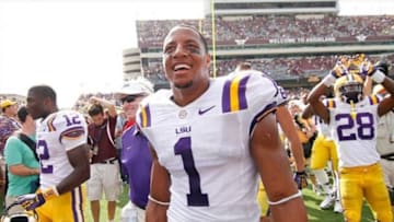 Oct 20, 2012; College Station, TX, USA; LSU Tigers safety Eric Reid (1) celebrates a victory against the Texas A