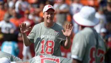 Jan 26, 2013, Honolulu, HI, USA; Denver Broncos quarterback Peyton Manning (18) gestures at Ohana Day for the 2013 Pro Bowl at Aloha Stadium. Mandatory Credit: Kirby Lee-USA TODAY Sports