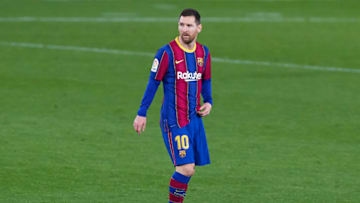 SEVILLE, SPAIN - FEBRUARY 07: Lionel Messi of FC Barcelona looks on during the La Liga Santander match between Real Betis and FC Barcelona at Estadio Benito Villamarin on February 07, 2021 in Seville, Spain. Sporting stadiums around Spain remain under strict restrictions due to the Coronavirus Pandemic as Government social distancing laws prohibit fans inside venues resulting in games being played behind closed doors. (Photo by Fran Santiago/Getty Images)