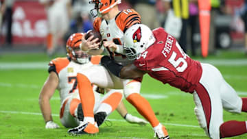 Nov 22, 2015; Glendale, AZ, USA; Arizona Cardinals linebacker Dwight Freeney (54) sacks Cincinnati Bengals quarterback Andy Dalton (14) at University of Phoenix Stadium. Mandatory Credit: Joe Camporeale-USA TODAY Sports