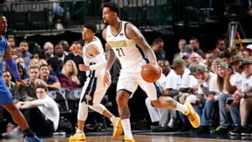 DALLAS, TX - DECEMBER 4: Wilson Chandler #21 of the Denver Nuggets handles the ball against the Dallas Mavericks on December 4, 2017 at the American Airlines Center in Dallas, Texas. NOTE TO USER: User expressly acknowledges and agrees that, by downloading and or using this photograph, User is consenting to the terms and conditions of the Getty Images License Agreement. Mandatory Copyright Notice: Copyright 2017 NBAE (Photo by Glenn James/NBAE via Getty Images)