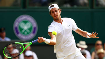 LONDON, ENGLAND - JULY 07: Karen Khachanov of Russia plays a forehand during the Gentlemen's Singles third round match against Rafael Nadal of Spain on day five of the Wimbledon Lawn Tennis Championships at the All England Lawn Tennis and Croquet Club on July 7, 2017 in London, England. (Photo by Michael Steele/Getty Images)