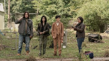 Alexa Mansour as Hope, Aliyah Royale as Iris, Hal Cumpston as Silas, Nicolas Cantu as Elton - The Walking Dead: World Beyond _ Season 1, Episode 1 - Photo Credit: Sarah Shatz/AMC