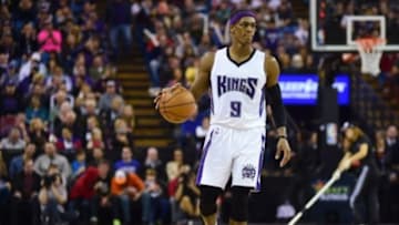 Jan 2, 2016; Sacramento, CA, USA; Sacramento Kings guard Rajon Rondo (9) dribbles the ball during the second quarter of the NBA game against the Phoenix Suns at Sleep Train Arena. The Kings won 142-119. Mandatory Credit: Godofredo Vasquez-USA TODAY Sports