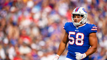 ORCHARD PARK, NY - SEPTEMBER 29: Matt Milano #58 of the Buffalo Bills moves on the field after a play during the fourth quarter against the New England Patriots at New Era Field on September 29, 2019 in Orchard Park, New York. New England defeats Buffalo 16-10. (Photo by Brett Carlsen/Getty Images)