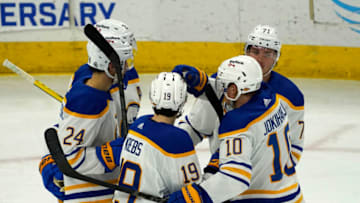 Mar 28, 2022; Chicago, Illinois, USA; Buffalo Sabres left wing Victor Olofsson (71) celebrates his goal against the Chicago Blackhawks during the second period at United Center. Mandatory Credit: David Banks-USA TODAY Sports