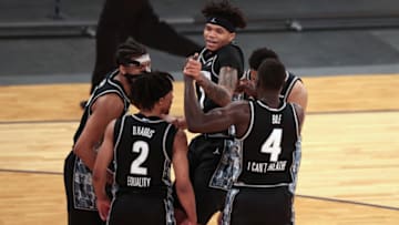 Mar 12, 2021; New York, NY, USA; Georgetown Hoyas forward Jamorko Pickett (1) celebrates with teammates during the second half against the Seton Hall Pirates at Madison Square Garden. Mandatory Credit: Vincent Carchietta-USA TODAY Sports