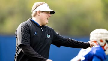 Florida Gators defensive coordinator Austin Armstrong gestures during spring football practice at Sanders Outdoor Practice Fields in Gainesville, FL on Tuesday, March 21, 2023. [Matt Pendleton/Gainesville Sun]Ncaa Football Florida Gators Spring Football Practice