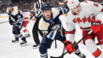 COLUMBUS, OH - OCTOBER 24: Oliver Bjorkstrand #28 of the Columbus Blue Jackets skates against the Carolina Hurricanes on October 24, 2019 at Nationwide Arena in Columbus, Ohio. (Photo by Jamie Sabau/NHLI via Getty Images)