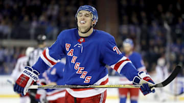 NEW YORK, NY - MARCH 20: Brady Skjei #76 of the New York Rangers reacts after a goal by the Columbus Blue Jackets in the third period during their game at Madison Square Garden on March 20, 2018 in New York City. (Photo by Abbie Parr/Getty Images)