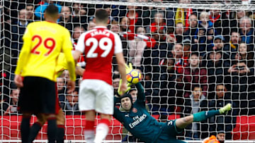 LONDON, ENGLAND - MARCH 11: Troy Deeney (Not Pictured) of Watford sees his penalty saved by Petr Cech of Arsenal during the Premier League match between Arsenal and Watford at Emirates Stadium on March 11, 2018 in London, England. (Photo by Julian Finney/Getty Images)