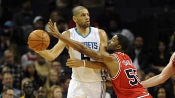 Feb 8, 2016; Charlotte, NC, USA; Charlotte Hornets guard forward Nicolas Batum (5) looks to pass defended by Chicago Bulls guard E