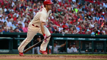 Jul 16, 2016; St. Louis, MO, USA; St. Louis Cardinals center fielder Randal Grichuk (15) hits a one run double off of Miami Marlins starting pitcher Tom Koehler (not pictured) during the third inning at Busch Stadium. Mandatory Credit: Jeff Curry-USA TODAY Sports