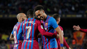 Pierre Emerick Aubameyang of FC Barcelona celebrates 3-0 with Ousmane Dembele (Photo by David S. Bustamante/Soccrates/Getty Images)