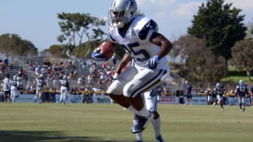 Jul 31, 2014; Oxnard, CA, USA; Dallas Cowboys running back Lance Dunbar (25) at training camp at the River Ridge Fields. Mandatory Credit: Kirby Lee-USA TODAY Sports