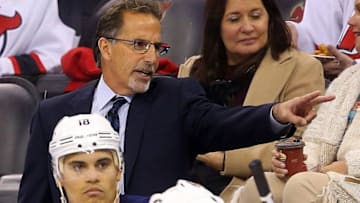 Oct 27, 2015; Newark, NJ, USA; Columbus Blue Jackets head coach John Tortorella gives instruction during the third period at Prudential Center. The Blue Jackets defeated the Devils 3-1. Mandatory Credit: Ed Mulholland-USA TODAY Sports