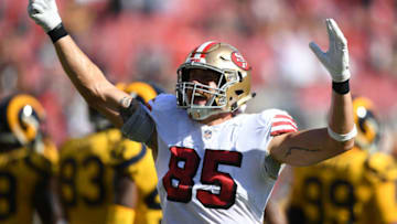 SANTA CLARA, CA - OCTOBER 21: George Kittle #85 of the San Francisco 49ers reacts after a play against the Los Angeles Rams during their NFL game at Levi's Stadium on October 21, 2018 in Santa Clara, California. (Photo by Thearon W. Henderson/Getty Images)
