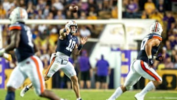 Auburn football QB Bo Nix throws a pass as The LSU Tigers take on the Auburn Tigers in Tiger Stadium. Saturday, Oct. 2, 2021.