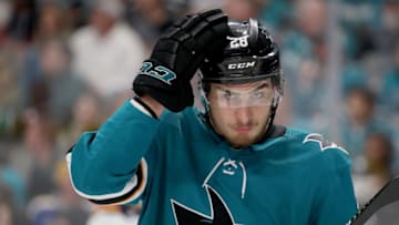 SAN JOSE, CALIFORNIA - MAY 11: Timo Meier #28 of the San Jose Sharks reacts against the St. Louis Blues during the first period in Game One of the Western Conference Finals during the 2019 NHL Stanley Cup Playoffs at SAP Center on May 11, 2019 in San Jose, California. (Photo by Christian Petersen/Getty Images)