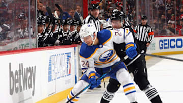 NEWARK, NEW JERSEY - APRIL 11: Dylan Cozens #24 of the Buffalo Sabres against the New Jersey Devils at the Prudential Center on April 11, 2023 in Newark, New Jersey. (Photo by Bruce Bennett/Getty Images)