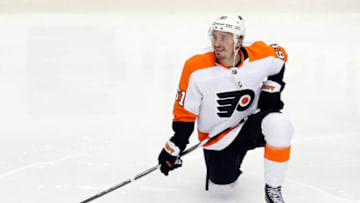 Apr 2, 2023; Pittsburgh, Pennsylvania, USA; Philadelphia Flyers defenseman Justin Braun (61) warms up before the game against the Pittsburgh Penguins at PPG Paints Arena. Mandatory Credit: Charles LeClaire-USA TODAY Sports