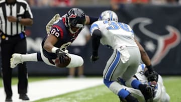Oct 30, 2016; Houston, TX, USA; Houston Texans tight end Stephen Anderson (89) dives with the ball as Detroit Lions cornerback Adairius Barnes (38) defends during the first half at NRG Stadium. Mandatory Credit: Kevin Jairaj-USA TODAY Sports