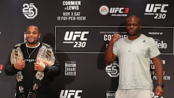 NEW YORK, NY - NOVEMBER 1: (L-R) UFC light heavyweight and heavyweight champion Daniel Cormier and Derrick Lewis pose for media during the UFC 230 ultimate media day at the New York Marriott Marquis on November 1, 2018 in New York, NY. (Photo by Ed Mulholland/Zuffa LLC/Zuffa LLC via Getty Images)