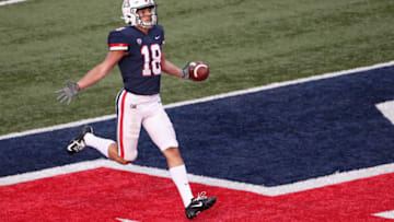 TUCSON, ARIZONA - NOVEMBER 02: Wide receiver Cedric Peterson #18 of the Arizona Wildcats scores on a 35 yard touchdown reception against the Oregon State Beavers during the second half of the NCAAF game at Arizona Stadium on November 02, 2019 in Tucson, Arizona. (Photo by Christian Petersen/Getty Images)