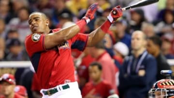 Jul 14, 2014; Minneapolis, MN, USA; American League outfielder Yoenis Cespedes (52) of the Oakland Athletics at bat in the first round during the 2014 Home Run Derby the day before the MLB All Star Game at Target Field. Mandatory Credit: Jesse Johnson-USA TODAY Sports