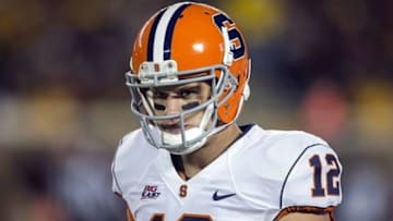 Sept 22, 2012; Minneapolis, MN, USA: Syracuse Orange quarterback Ryan Nassib (12) walks off the field after an interception against the Minnesota Golden Gophers at TCF Bank Stadium. Mandatory Credit: Jesse Johnson-USA TODAY Sports