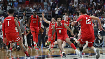 ANAHEIM, CALIFORNIA - MARCH 30: The Texas Tech Red Raiders celebrate their victory against the Gonzaga Bulldogs during the 2019 NCAA Men's Basketball Tournament West Regional at Honda Center on March 30, 2019 in Anaheim, California. (Photo by Sean M. Haffey/Getty Images)